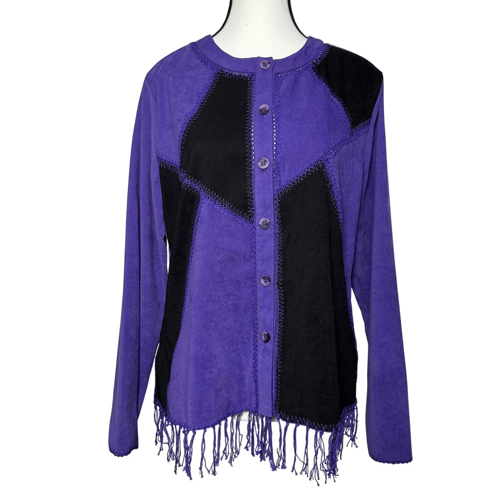 Womens Patchwork Faux Suede Fringe Jacket Medium VTG‎ Boho Western Purple Black